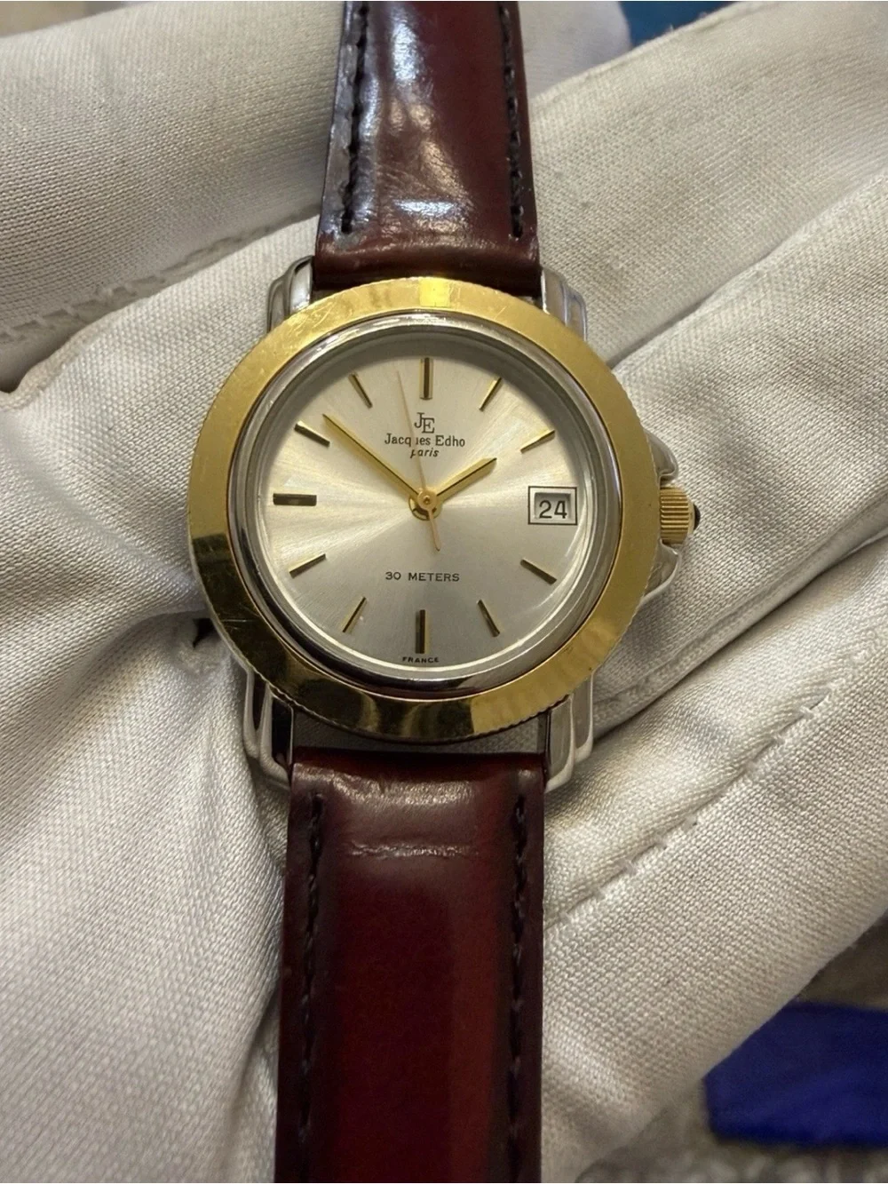 Vintage Jacques Edho Paris 30mm Two Tone Quartz Date Watch 18K Gold Plated JE790